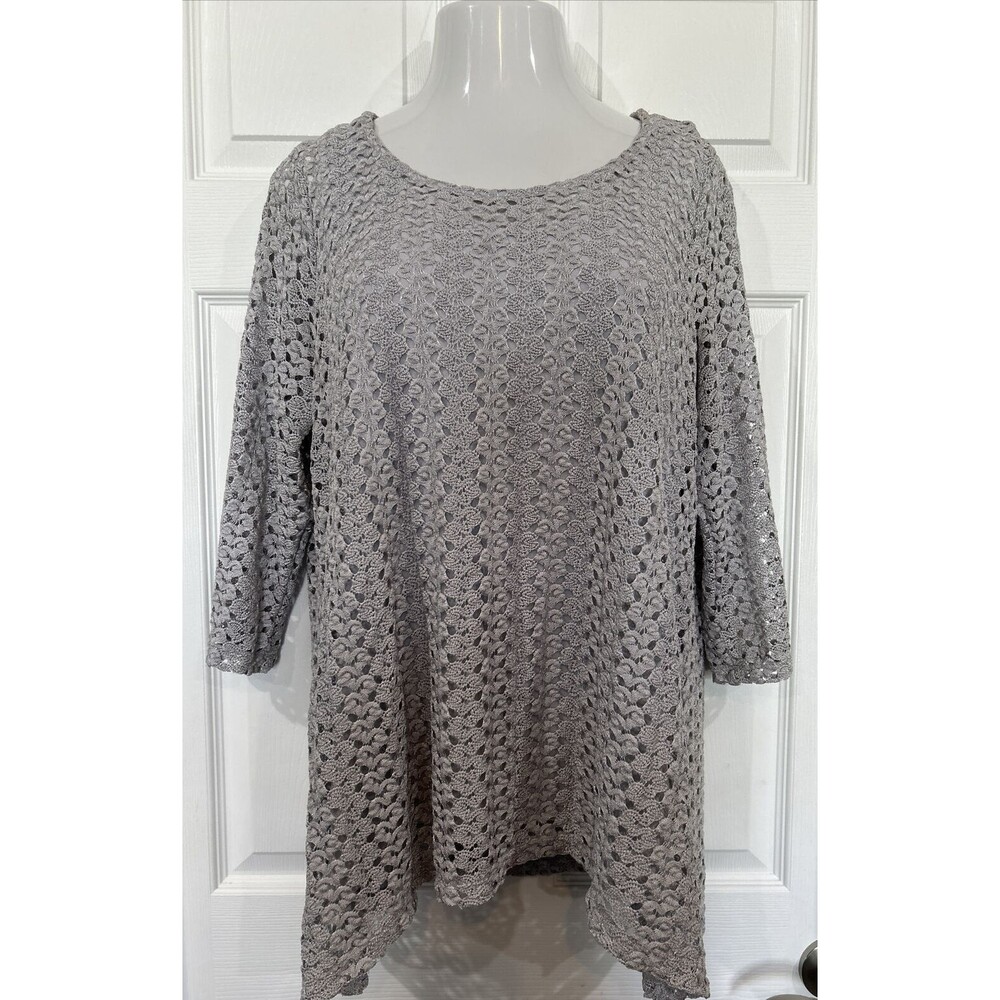 JM Collection Silver Gray Plus Size Tunic Blouse Crochet Knit Top Women's 2X